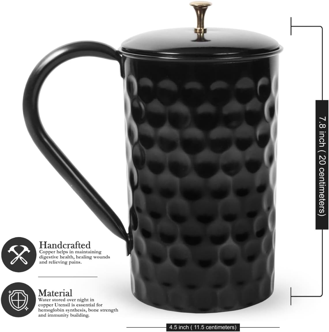 Black Moscow Mule Copper Mugs Set of 3 (1 Jug + 2 Mugs) - 16oz, Hammered Diamond Pure Copper Handmade Moscow Mule Mug Gift item