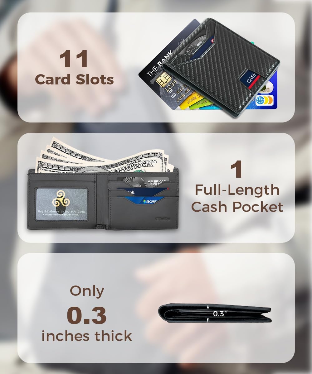 Slim RFID Blocking Wallets for Men Synthra™ Ultra Leather Bifold Minimalist Wallet 11 Cord Holder Thin Mens Wallet with Gift Box (Black) - Image 5