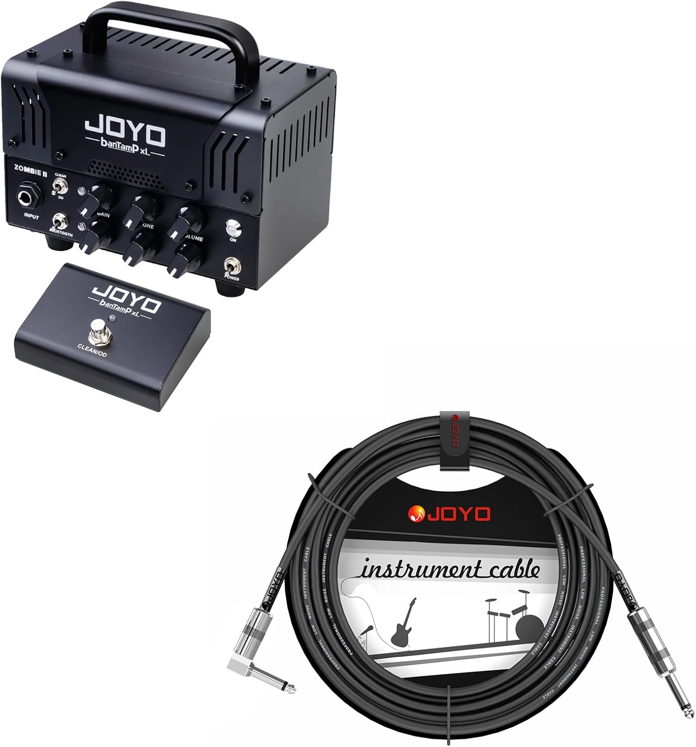 JOYO Zombie II Tube Amp Head Bundle with CM-12 Mono Audio Instrument Cable Straight-to-Right Angle
