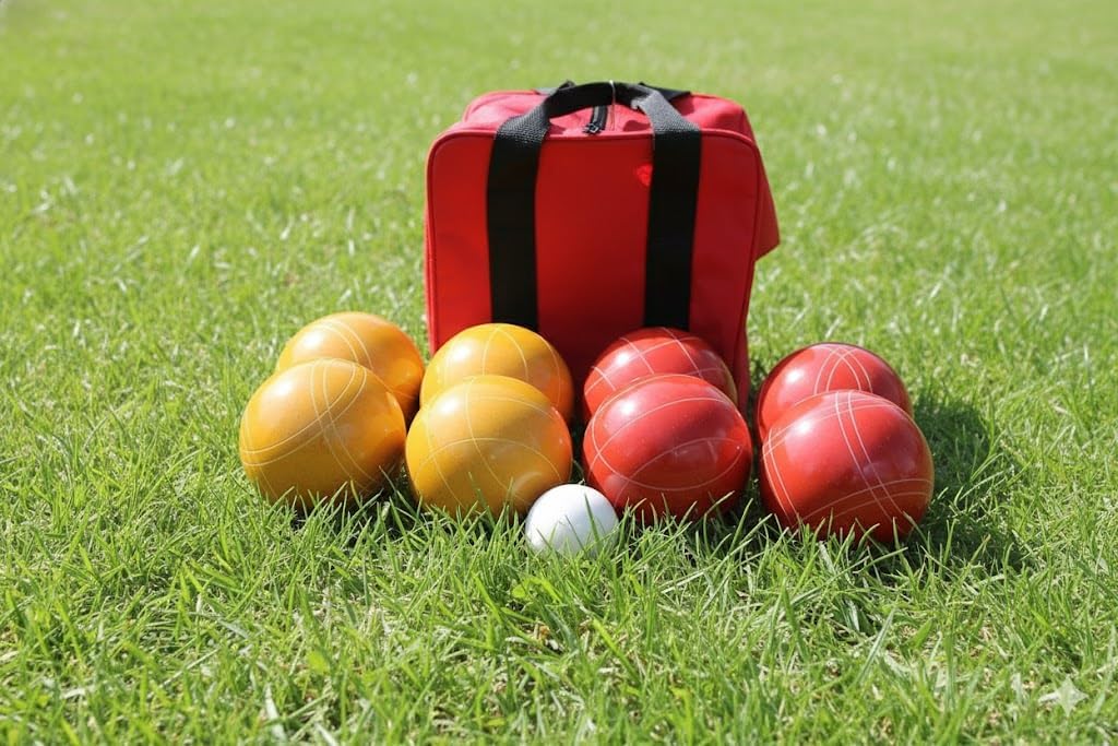 BuyBocceBalls Listing - Made in USA, Premium Quality Tournament Bocce Set - 110mm Rustic Yellow/Orange Balls and red/Black Bag, 998 Grams (2 lbs. 3.2 oz.)