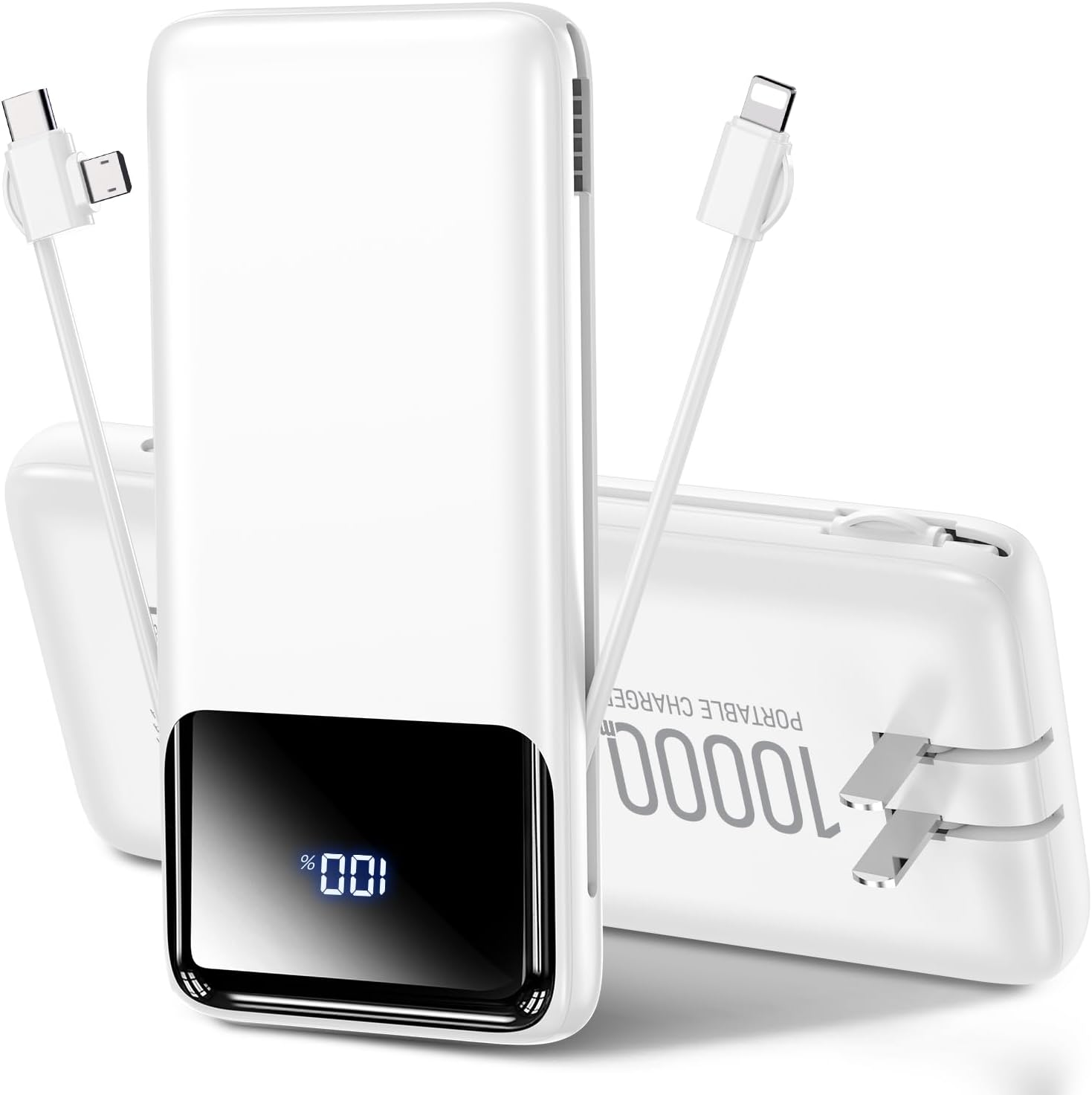 Portable Charger Power Bank with Built-in Cables and Wall Plug, 10000mAh Slim USB-C Battery Pack, 15W Fast Charging Travel Essential Portable Phone Charger Compatible with iPhone, Samsung (White)