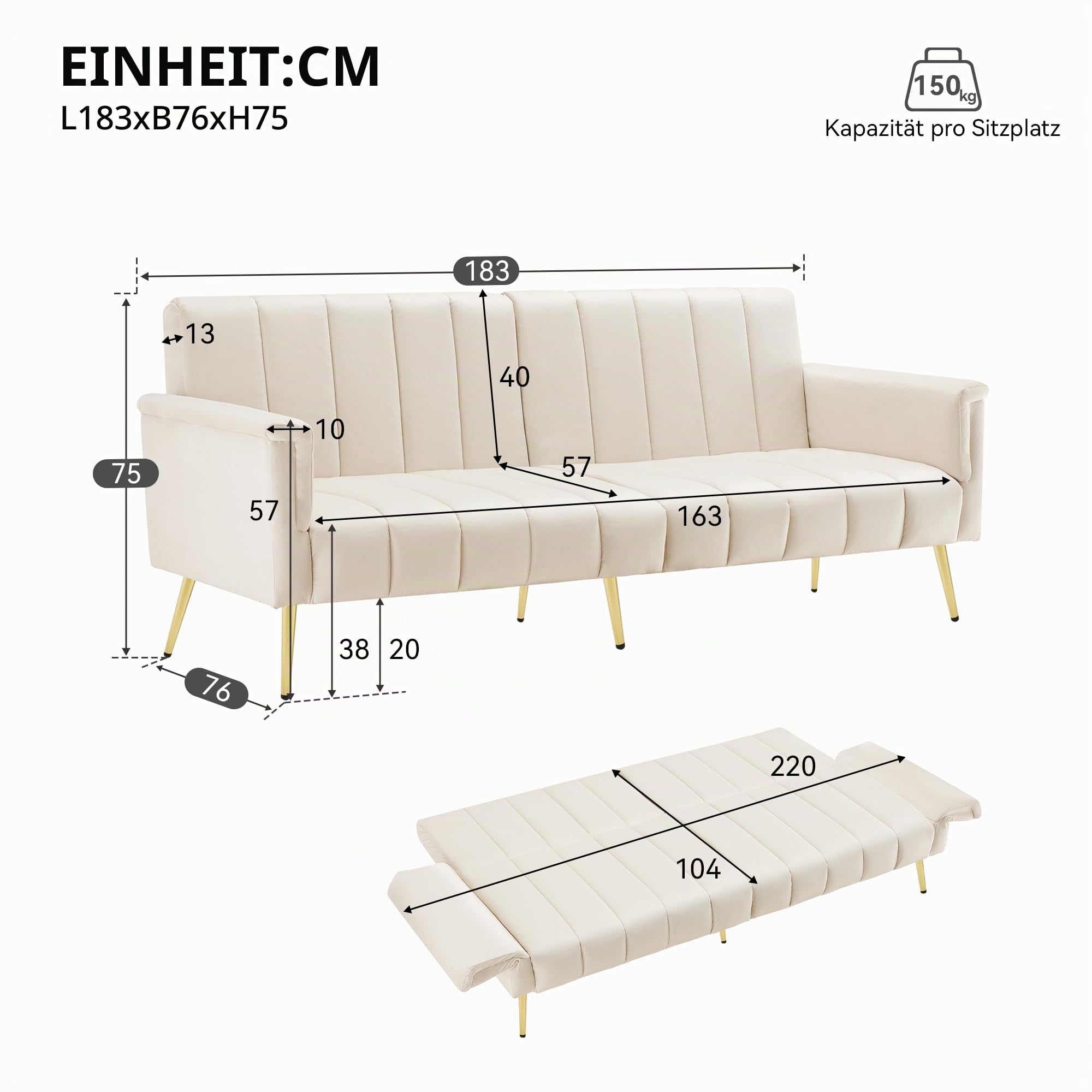 Merax Klappbares Schlafsofa 2 Sitzer Sofa mit Schlaffunktion Schlafcouch Bettsofa mit Großer Liegefläche von 220 cm L × 104 cm B, Couch fürs Wohnzimmer/Schlafzimmer/Gästezimmer, Beige