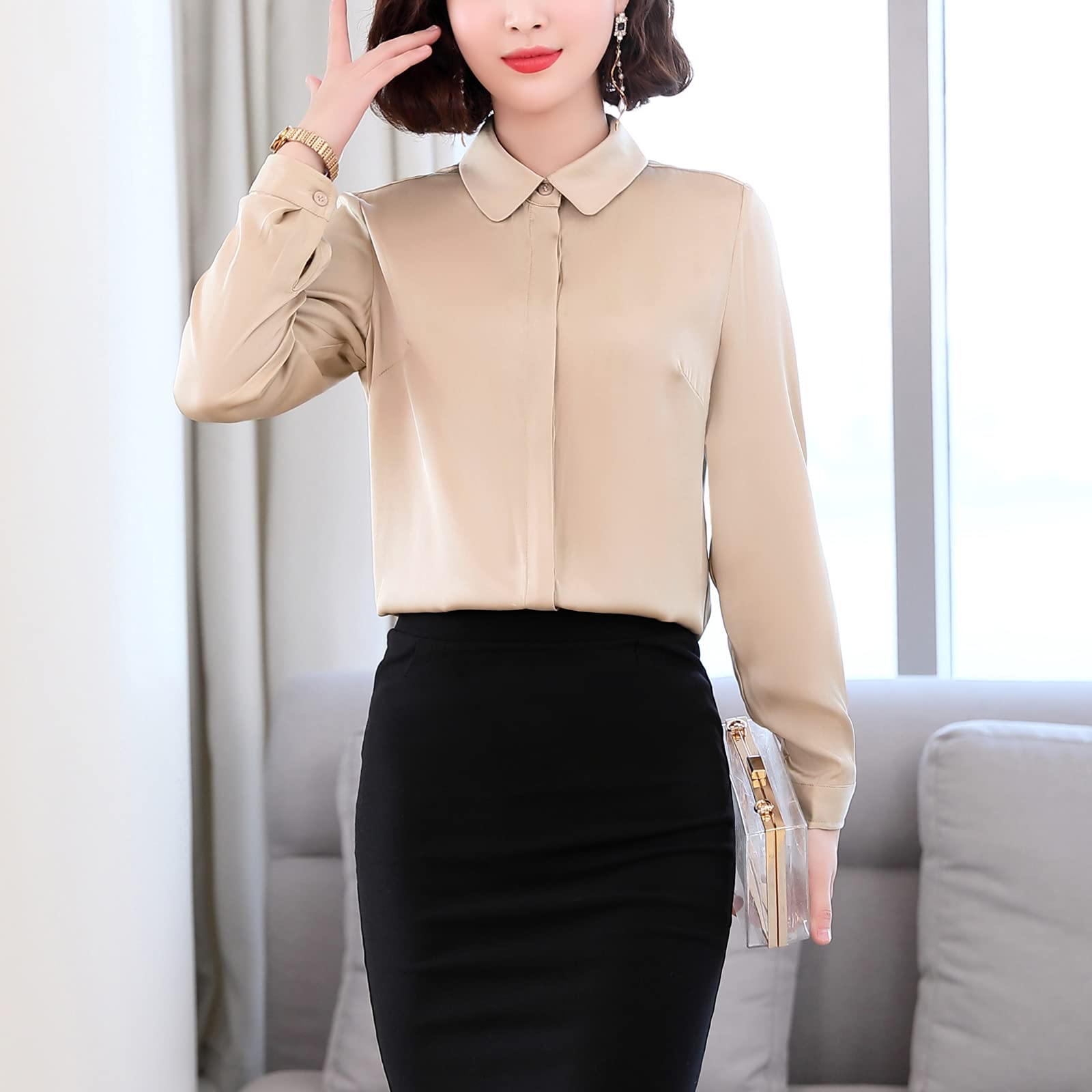 E-girl Blusa de seda para mujer Camisa Sólido Botón Abajo Camisas Blusa de Mujer Manga Larga Solapa Blusa de Seda,S1908