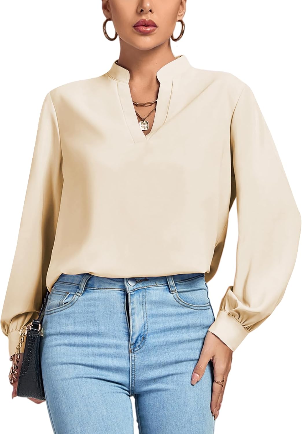 LYANER Women's V Neck Shirred Long Sleeve Office Elegant Tunic Blouse Top