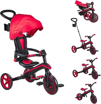 Globber Foldable 5-in-1 Toddler Trike Push Bike Stroller Compact Learning Tricycle for Toddlers Converts Into Balance Bike Safe Outdoor Ride On Toys for Kids Red, Large