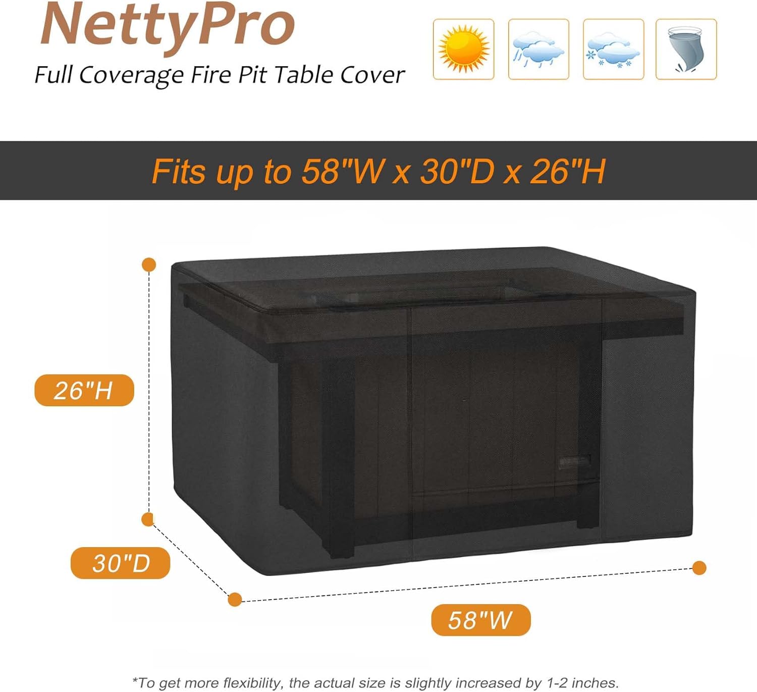 NettyPro Fire Pit Cover Rectangular Waterproof Outdoor Firepit Cover for Gas Propane Fire Pit Table Rectangle, 58 x 30 x 24 inch, Black