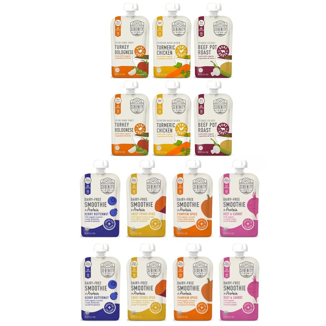 Serenity Kids Meats & Smoothie Baby Food Pouch Bundle: Free Range Chicken & Turkey, Grass-Fed Beef with Bone Broth + Dairy Free Organic Smoothies, 22 Count, 5g Protein, No Added Sugar, 7+ Months, On-t