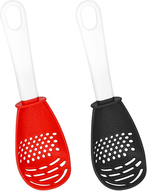 KINBOM 2pcs Multifunctional Cooking Spoons, Heat Resistant Plastic Non-Stick Can Be as Small Strainer Scoop Egg Separator Food Masher Garlic Ginger Grater Colander, Easy to Clean (Black, Red)