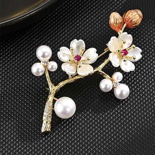 Image of Delicate Cherry Brooch for Women Girls Fashion Pearl Shell Plum Blossom Lapel Pin Rhinestone for Party Prom Elegant Accessories Decorative Floral Dress Suit Wedding Valentine Mother's Day Birthday