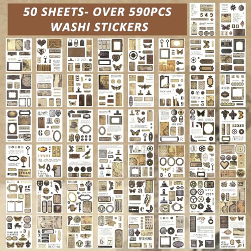 Image of HASTHIP 595PCS Pre Cut Vintage Stickers Book, 50 Sheets Brown Washi Scrapbooking Ephemera for Journaling, Junk Journal Supplies DIY Crafts Stickers