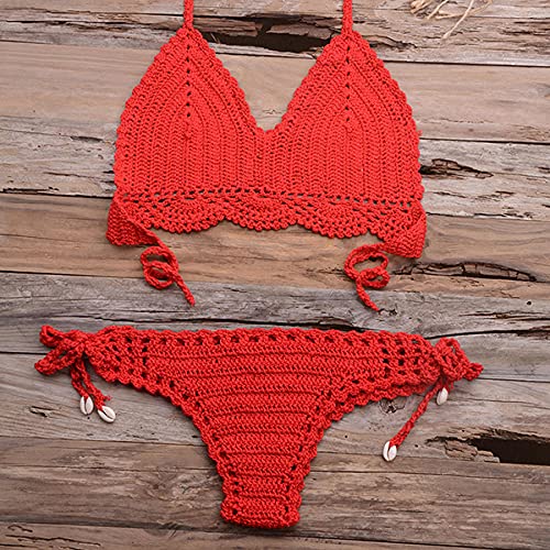 Bikinis Bañador Mujer Conjunto De Bikini Sexy Conjuntos De Lencería Sexy Conjunto De Bikini De Punto Traje De Baño De Ganchillo para Mujer Beach-Red_M