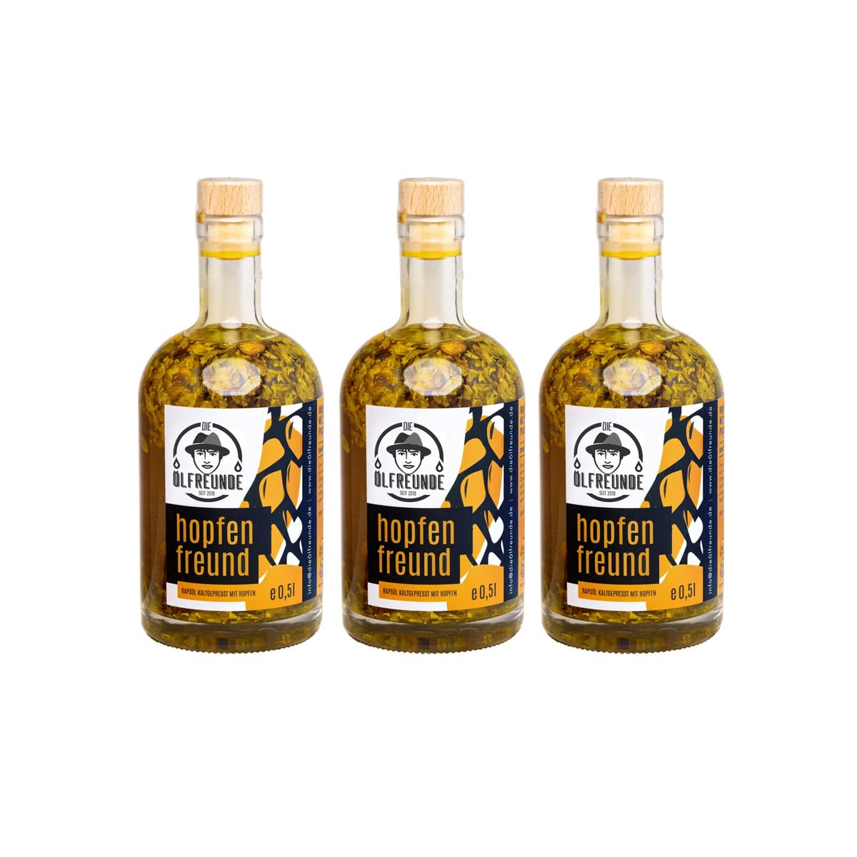 DIE ÖLFREUNDE Hopfenöl 3x0,5l | hochwertig kaltgepresst | veganes Rapsöl mit Hopfen | Omega 3 und Omega 6 Fettsäuren | n