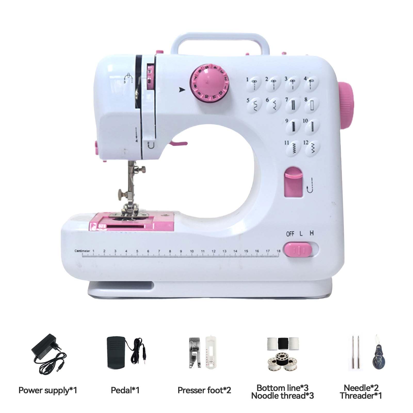 Máquina de Coser, 12 Puntadas Maquina de Coser Niña, Automático Pespunte Doble Hilo Portátil Maquina de Coser Manual para el Hogar con Dos Velocidades y Luz LED, para Adultos Niños (Rosa)