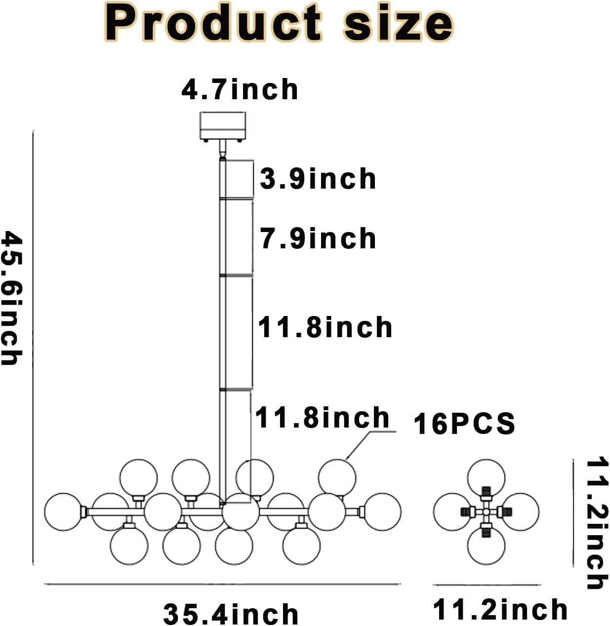 Mid Century Modern Chandelier, 16 Lights Dining Room Chandelier Over Table Sputnik Chandeliers Linear Chandelier Black Pendant Light Fixtures, Linear Chandeliers for Dining Room (Black & White Glass)