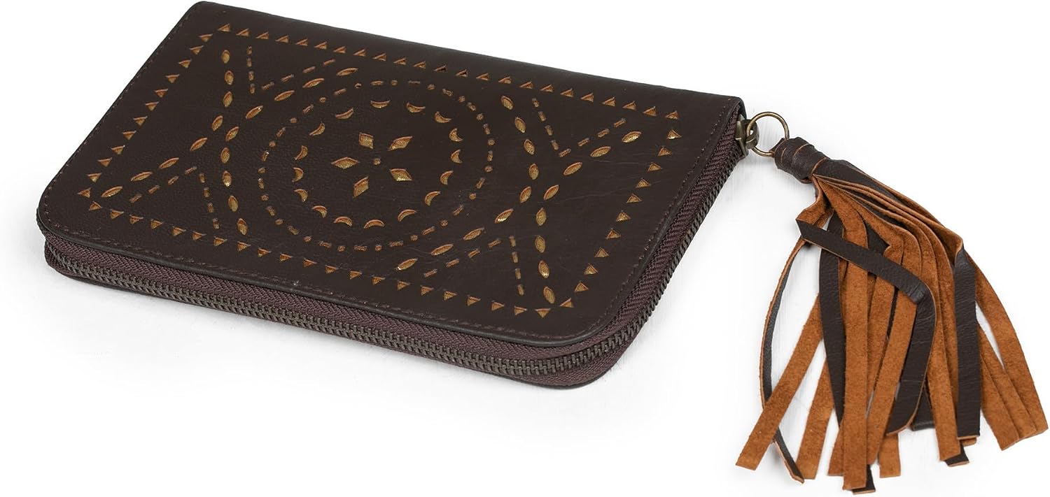 NOVICA Artisan Handmade Leather Wallet Clutch Crafted Brown from Bali Handbags Clutches Wallets Indonesia Bohemian ' Borobudur Stars in Chocolate'