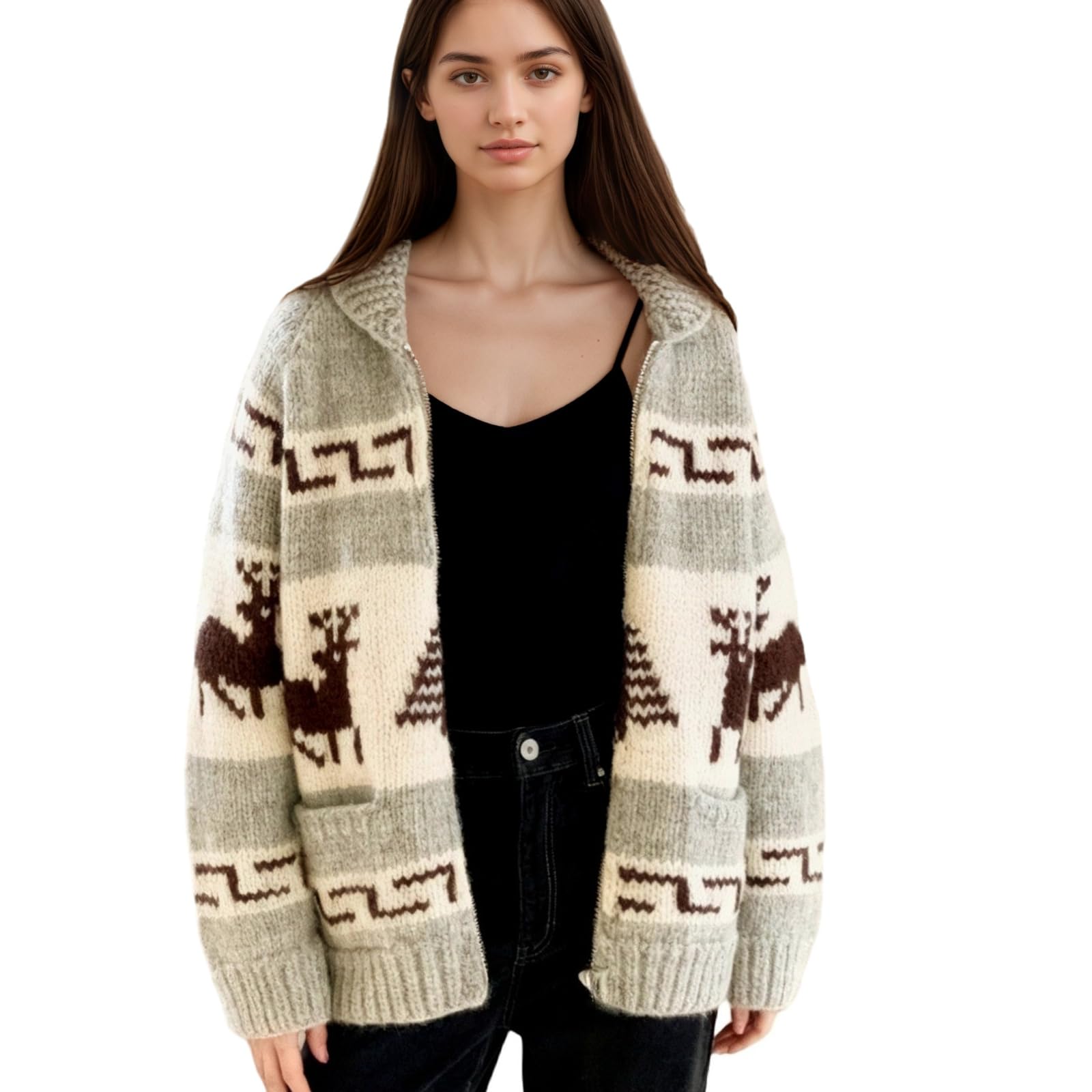 Nordic Sweaters for Women Vintage Zip up Lapel Collar Cable Knit Long Sleeve Sweaters Christmas Icelandic Cardigan