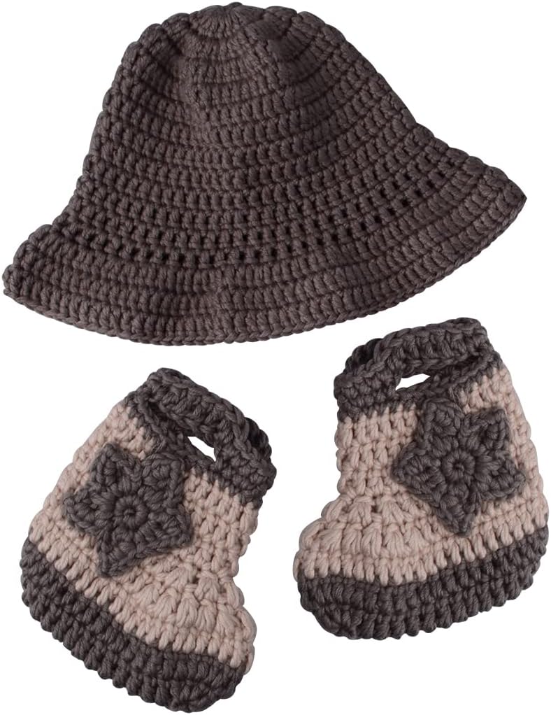Newborn Baby Photography Props Cool Cowboy Hat Boots Handmade Knit Set Light Brown