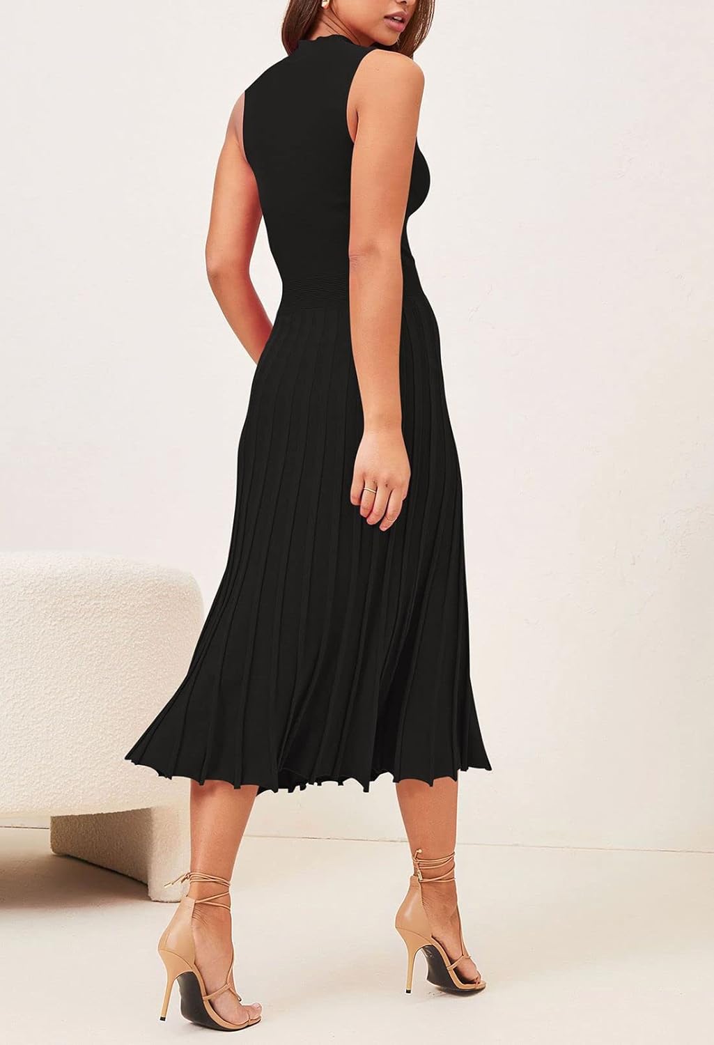 Pink Queen Women's Crew Neck Sleeveless High Waisted Bodycon Pleated Ribbed Swing Knit Midi Dresses - Image 2