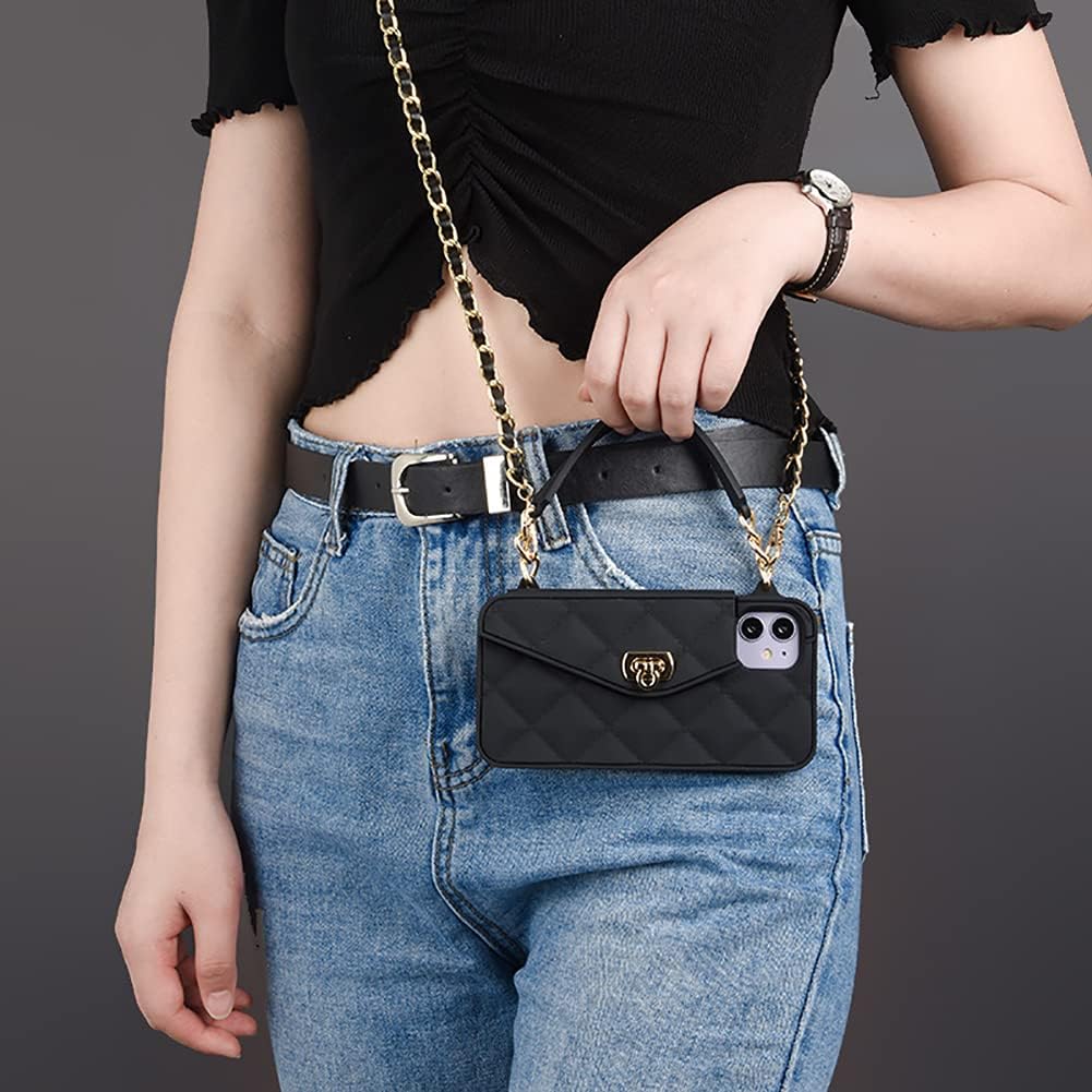 Yatchen Wallet Case for iPhone 13 Pro Max,Crossbody Phone Case with Lanyard Strap Cute Flip Credit Card Holder Soft Silicone Girls Lady Handbag Cover for iPhone 13 Pro Max Black - Image 2