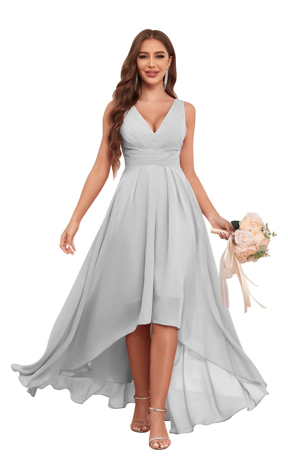 Fu Jiang High Low Bridesmaid Dresses for Wedding Long Pleated V-Neck Formal Evening Gowns with Pockets