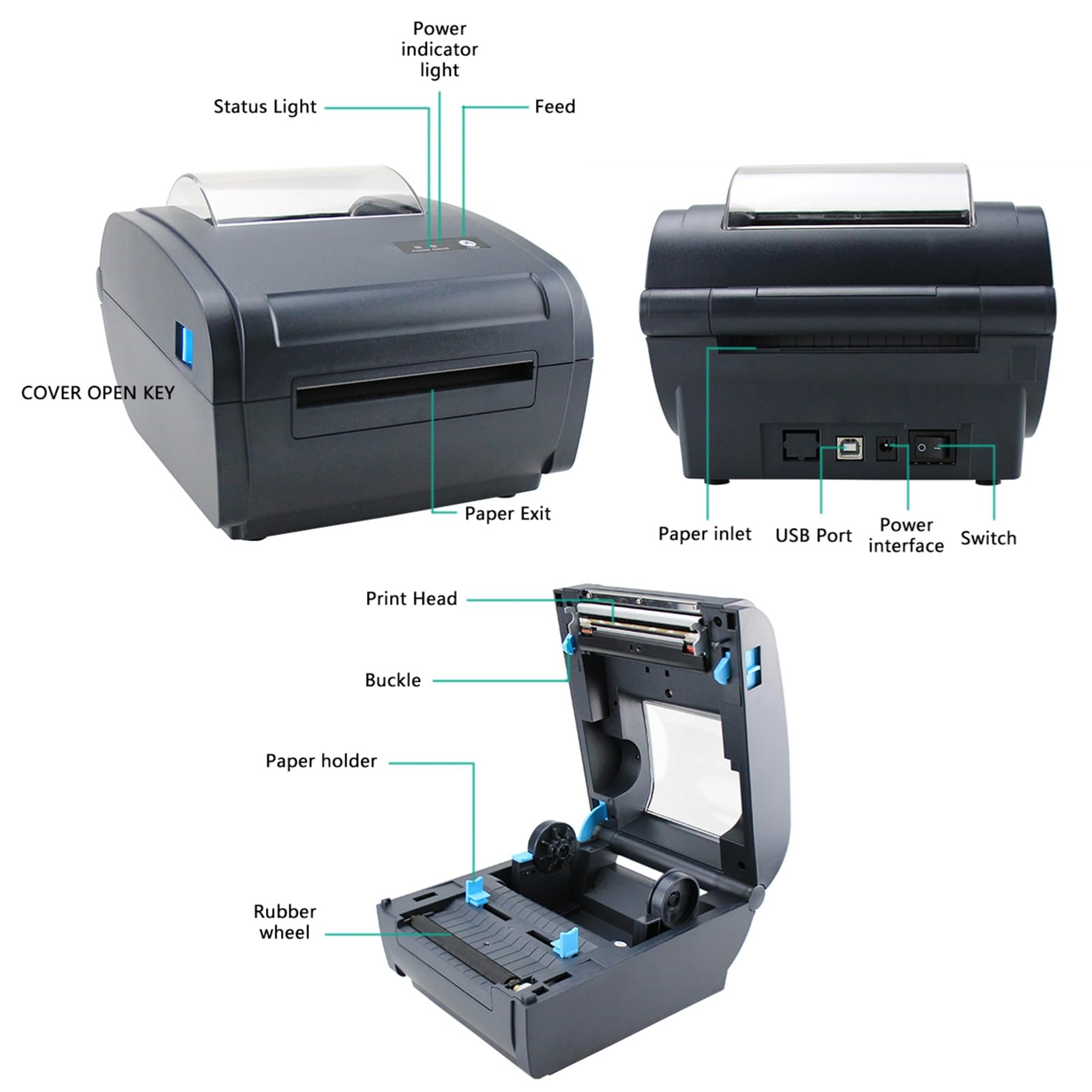 HUIOP Shipping Label Printer,Stampante Termica da Tavolo per Etichette da imballaggio 4x6 160 mm/s Stampante di connessione USB e BT ad Alta velocità Adesivo per etichettatrice Larghezza Massima