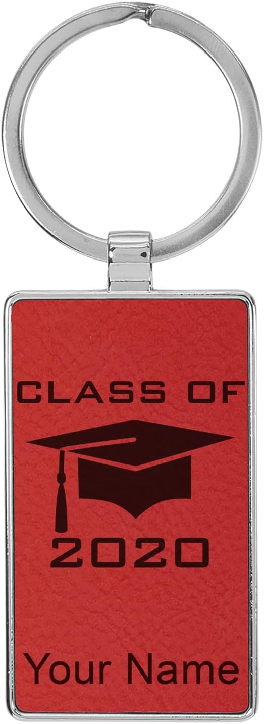 LaserGram Rectangle Keychain, Grad Cap Class of 2024, 2025, 2026, 2027, Personalized Engraving Included (Metal Frame)