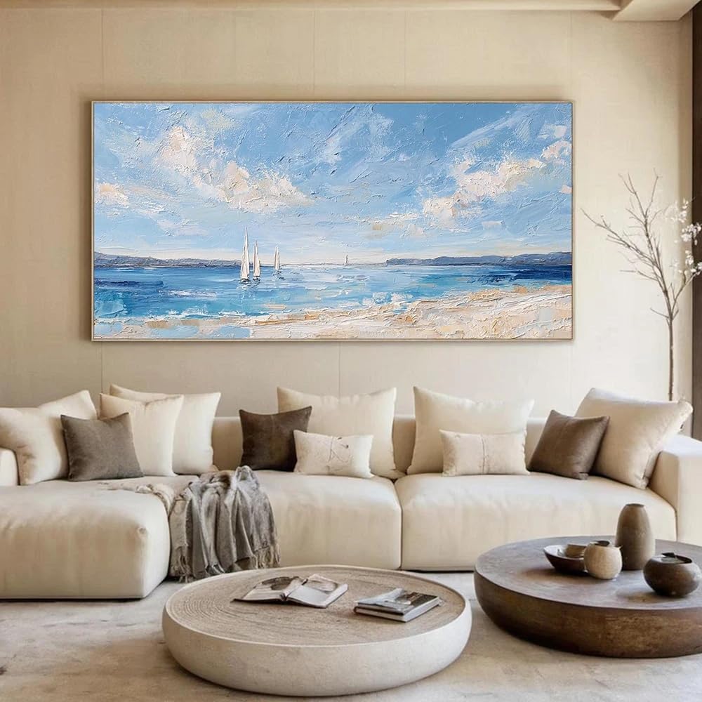 LTjiajuypd Canvas Prints Painting Of An Ocean Beach, Artwork With Sailboats On The Coast Home Kitchen Decor(80X160cm)