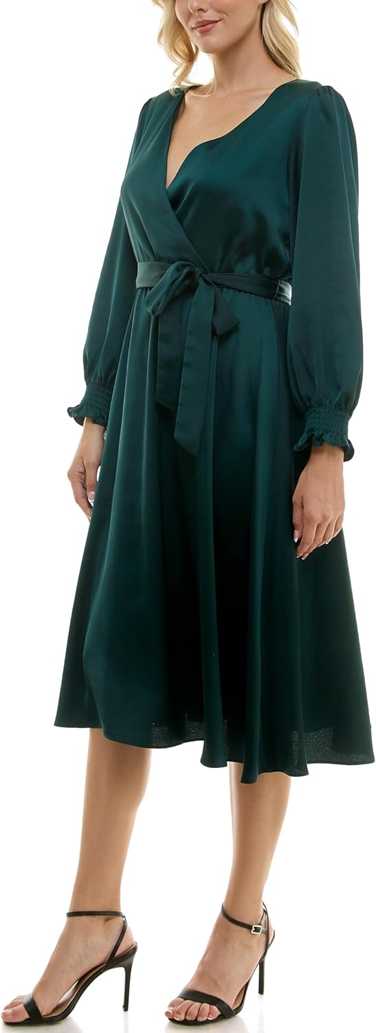 Taylor Women's Long Sleeve Satin Faux Wrap Midi Dress with Sash - Image 5