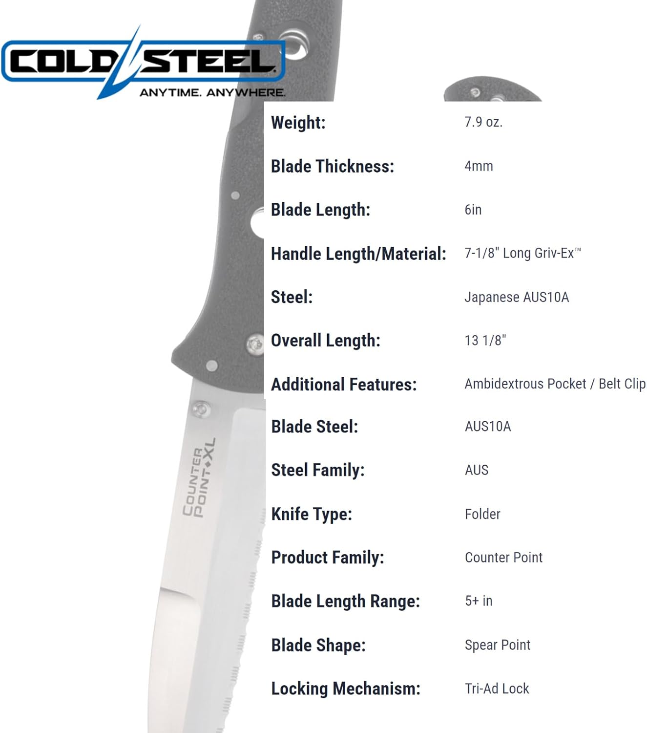 COLD STEEL Counter Point XL 6" AUS10A Serrated Edge Blade 7.125" Griv-Ex Handle Tactical Narrow Blade Folding Knife w/Tri-Ad Lock