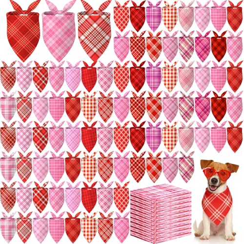 Abbylike 200 Pcs Valentines Day Plaid Dog Bandanas Bulk Pink Red Bandanas for Dogs Triangle Kerchief Bibs Scarf for Pet Costume Photo Props Accessories Pet Shops Groomer Adoption Events, 25 Styles