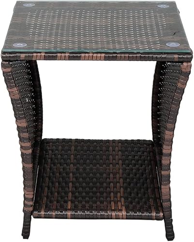 Miniatura 6 de Henf Mesa auxiliar de mimbre de ratán para exteriores, mesa auxiliar cuadrada para exteriores, mesa auxiliar con parte superior de cristal, mesa