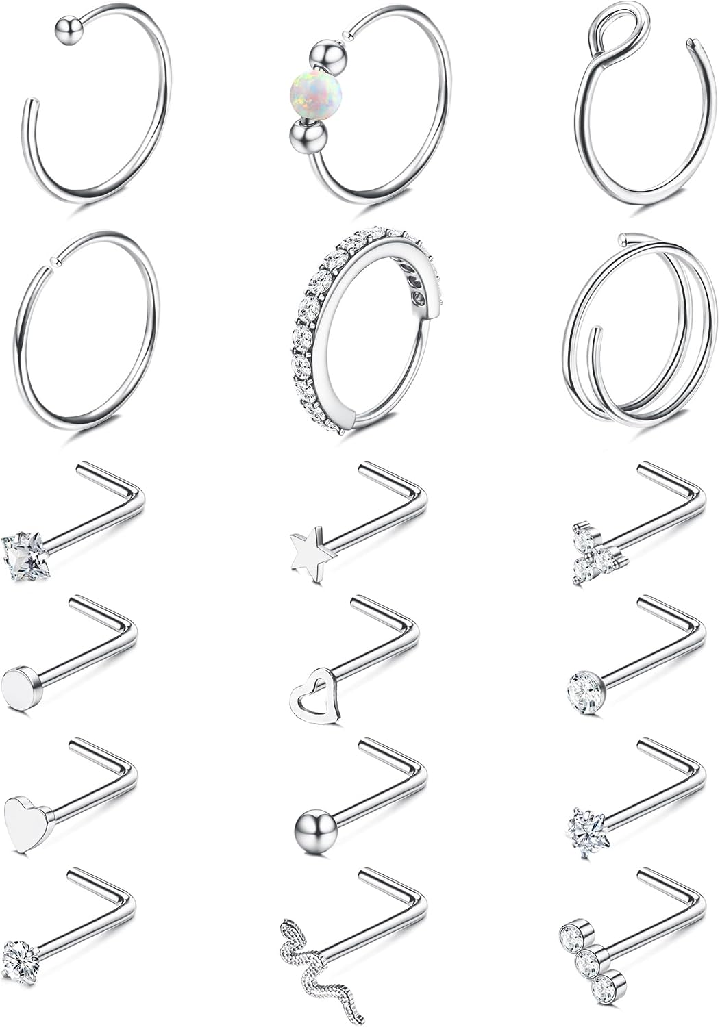 Jstyle 18Pcs Nose Rings for Women Men 14K Gold - 20G 18G Hypoallergenic Surgical Steel Nose Rings Hoops L Shaped Studs Hypoallergenic Snake Opal CZ Geometric Nostril Piercing Jewelry