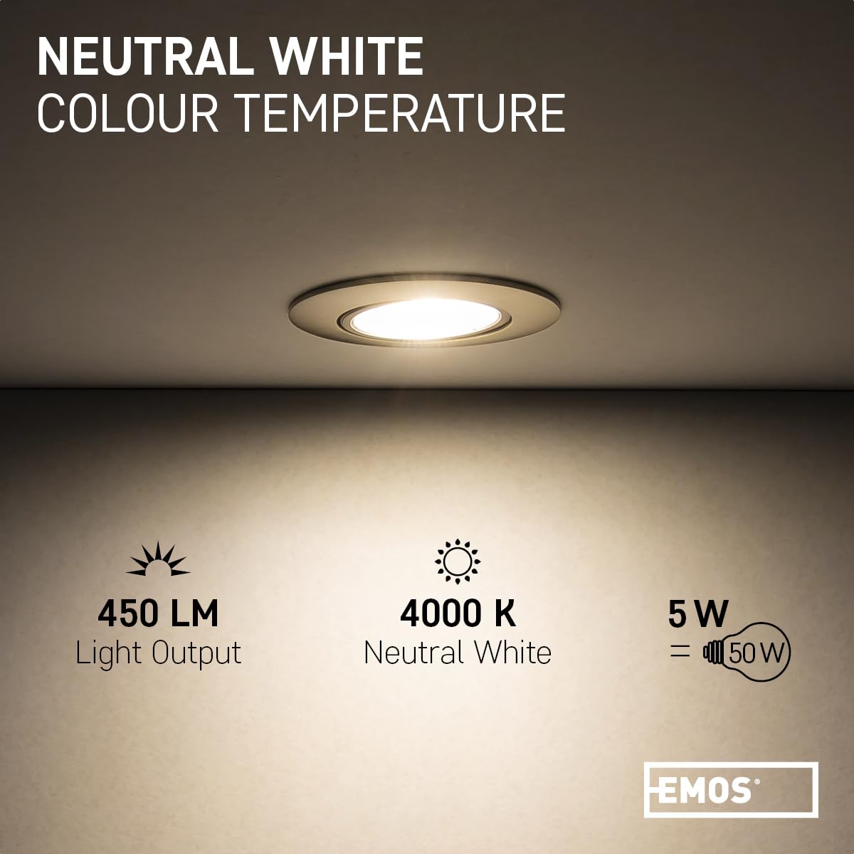 EMOS Incasso per Cartongesso 5W / 450 Lumen | Faretti LED soffitto da incasso 4000K Luce Bianco naturale | Set di 12 pezzi Spot LED Orientabili a 50°, Rotondi e Ultra Piatti in Argento