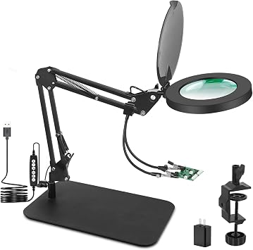 Magnifying Glass with Light, EOOKU 3-in-1 Magnifying Desk Lamp 5X LED Magnifying Lamp with Heavy Base & Clamp, 5 Color Modes Stepless Dimmable, Magnifier Light for Soldering Craft Workbench