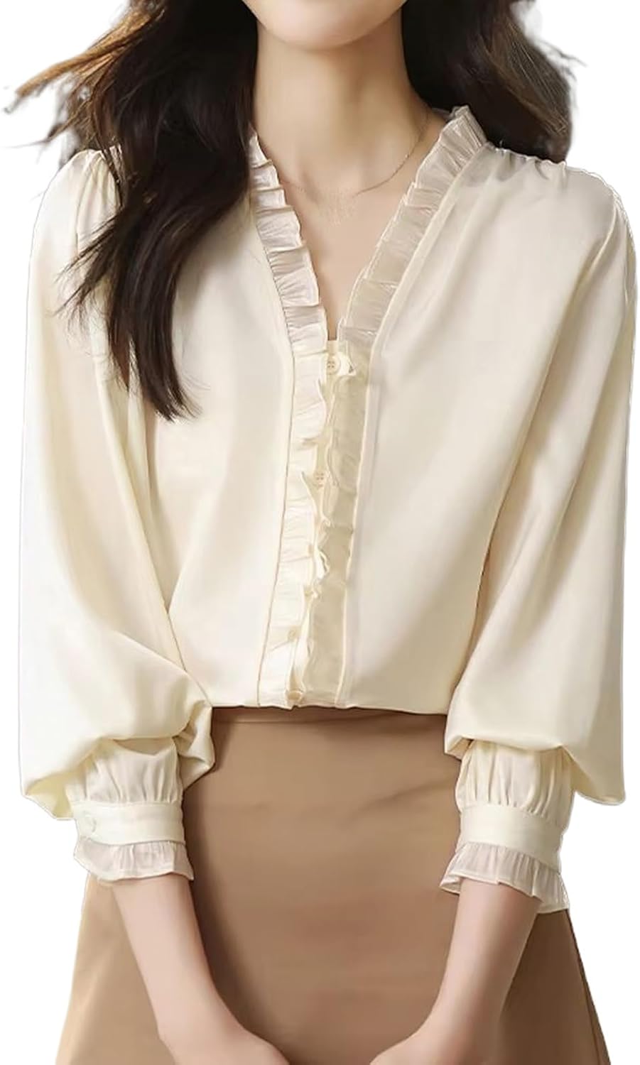 Women's Elegant Solid Chiffon Blouse Summer Autumn Casual Long Sleeve V Neck Shirt Office Lady Vintage Top