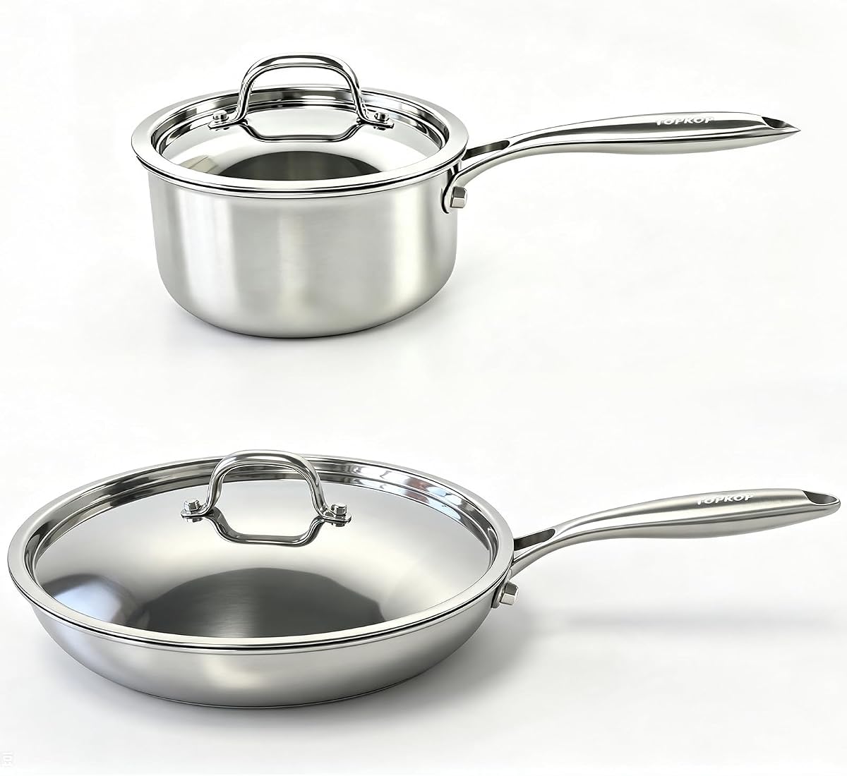 Juego de ollas y sartenes de acero inoxidable, sartén triple de 12 pulgadas con tapa (25 % más gruesa, resistente a la deformación), cacerola de 2 cuartos, calor uniforme sin PFOA ni PTFE, apto para horno y lavavajillas, compatible con inducción