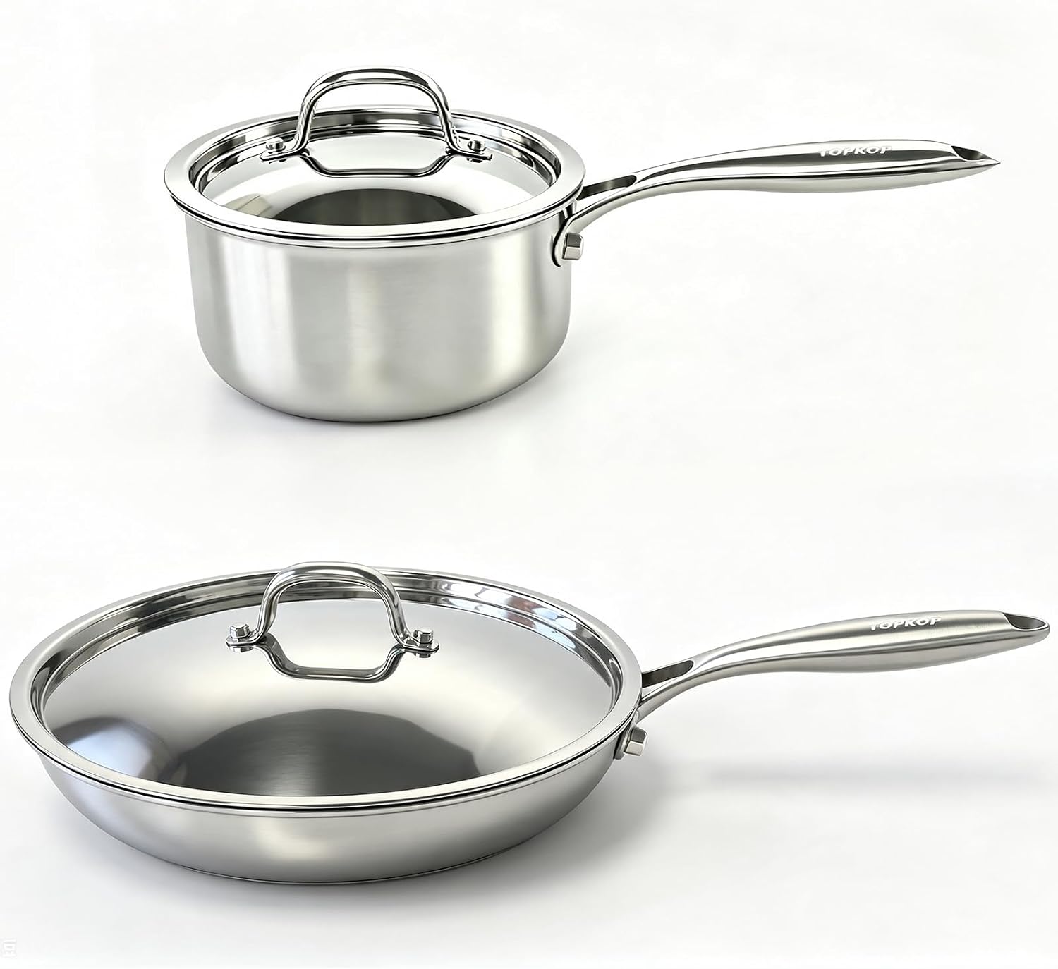 Stainless Steel Pots and Pans Set,12" Tri-Ply Frying Pan with Lid(25% Thicker–Warp Resistant) 2QT Saucepan,Even Heat PFOA-Free & PTFE-Free,Oven & Dishwasher Safe,Induction Compatible