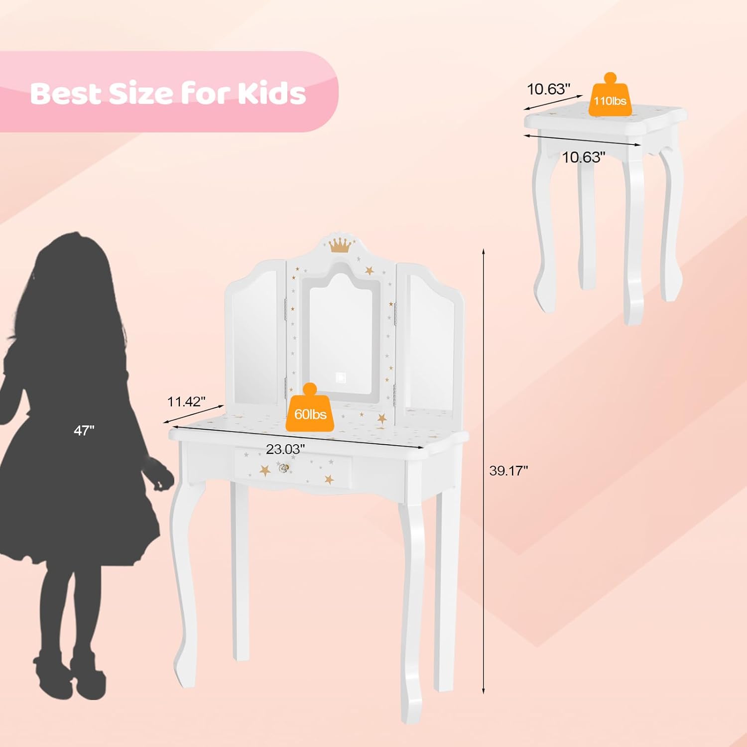JOYMOR Upgrade Kids Vanity, 2-in-1 Girls Vanity w/Tri-Folding Mirror & Adjustment LED Touch Screen, 1 Drawer, Kids Vanity Set with Mirror Age 4-9 (White)