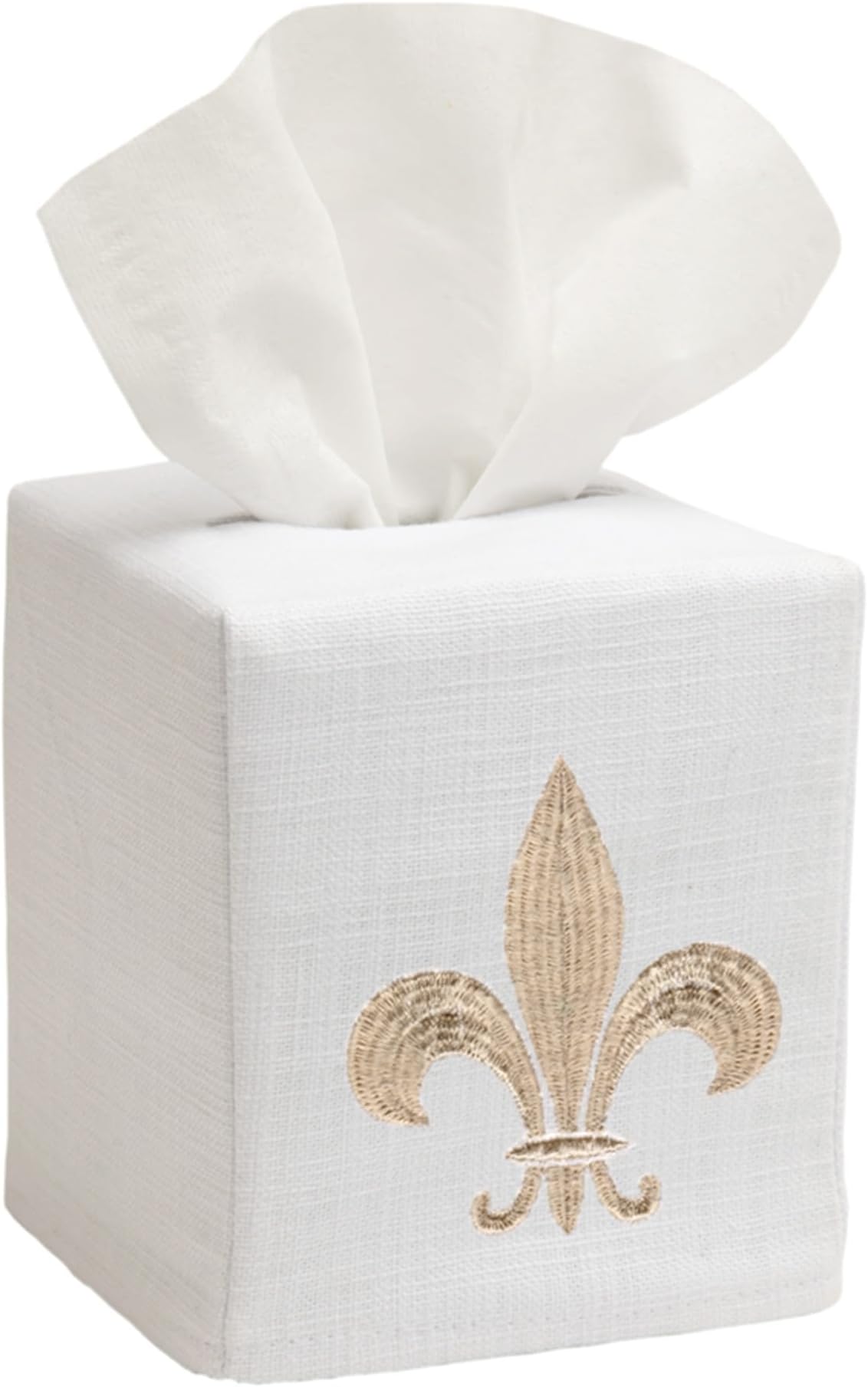 Jacaranda Living Square Tissue Box Cover, Linen/Cotton Fabric Tissue Holder, Decorative Cloth Tissue Cube Cover, Scrolls Designs, Fleur de Lis (Beige)