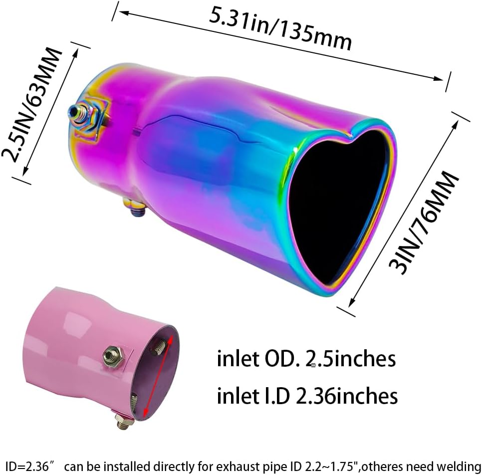 2.5 inch Inlet Fit For 1.75 2 2.25 Inch Exhaust Pepe Heart Shaped Universal Car Exhaust Tips Stainless Steel Pipe Car Accessories Clorful