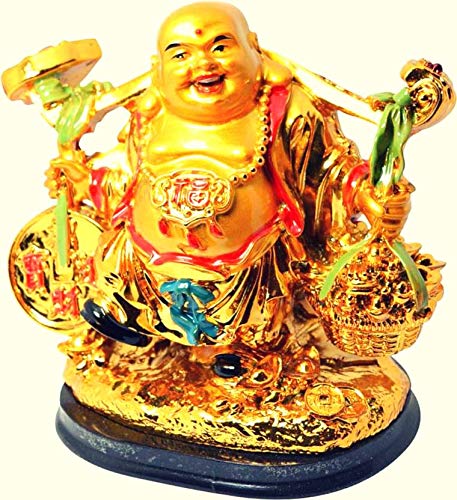 Vastu/Feng Shui/Laughing Buddha with Money Coins for Wealth, Success and Achievement, Good Luck & Prosperity Idol Decorative Showpiece - 12 cm (Ceramic, Gold Finish, Gold, Multicolor)