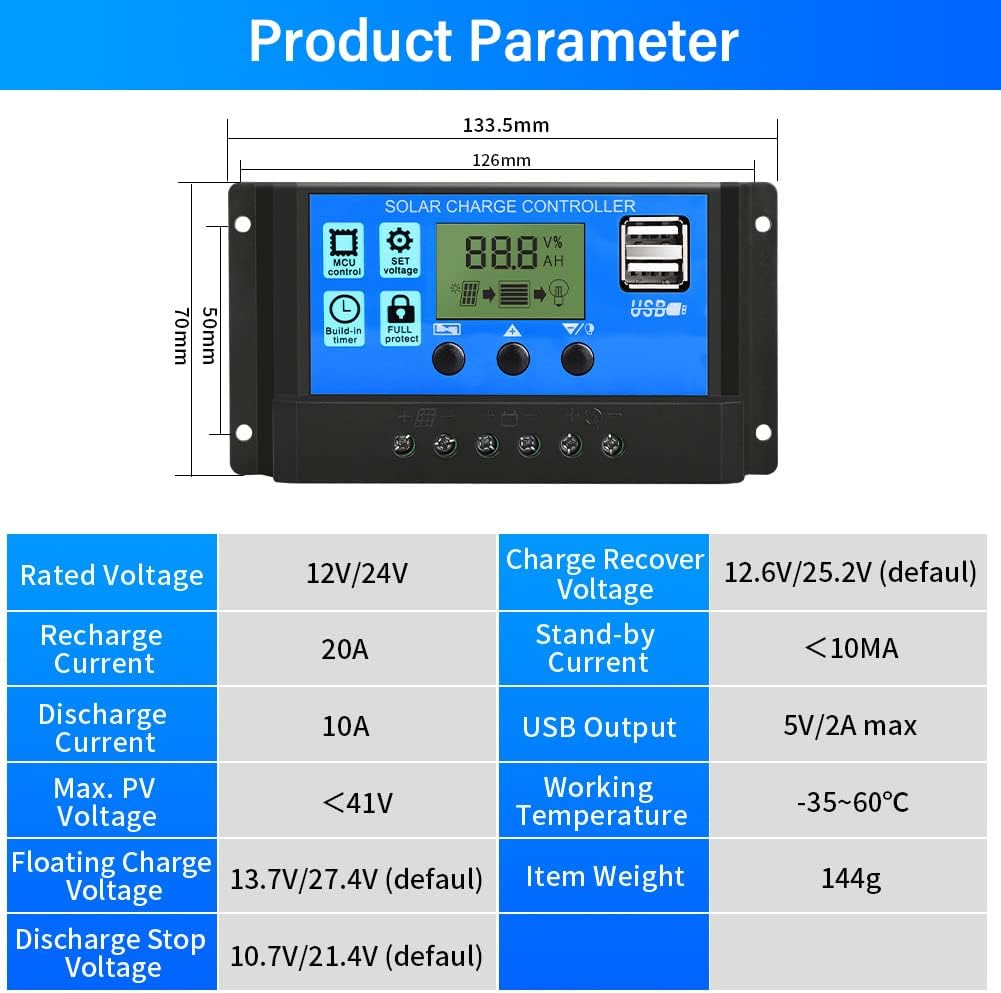Cxztcl PWM Solar Charge Controller 10A Solar Panel Battery Controller Intelligent Regulator 12V/24V PWM LCD Display Solar Controller Street Light Controller : Patio, Lawn & Garden
