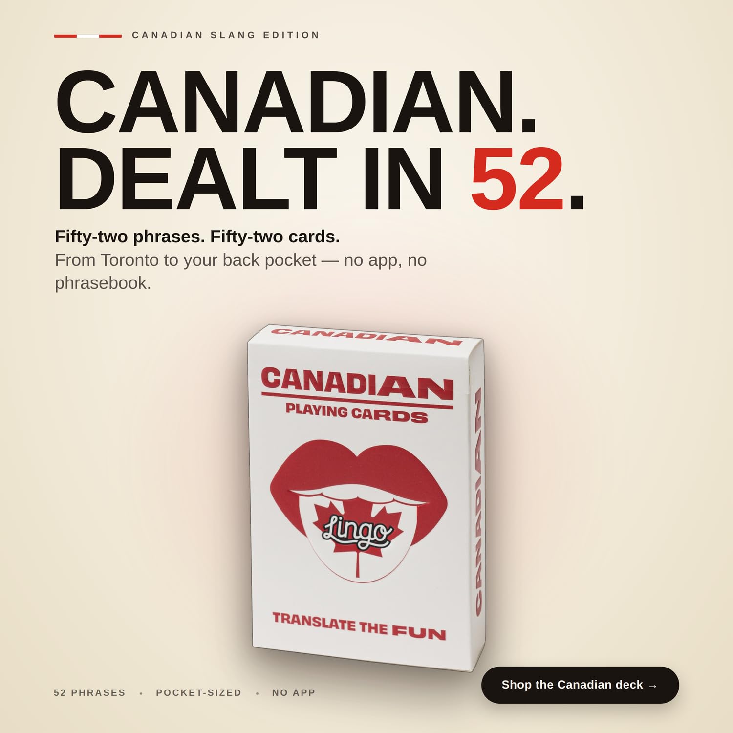 Canadian Lingo Spielkarten | Reise-Lernkarten | Lernen Sie kanadischen Slang-Wortschatz auf lustige und einfache Weise | 52 wichtige Übersetzungen