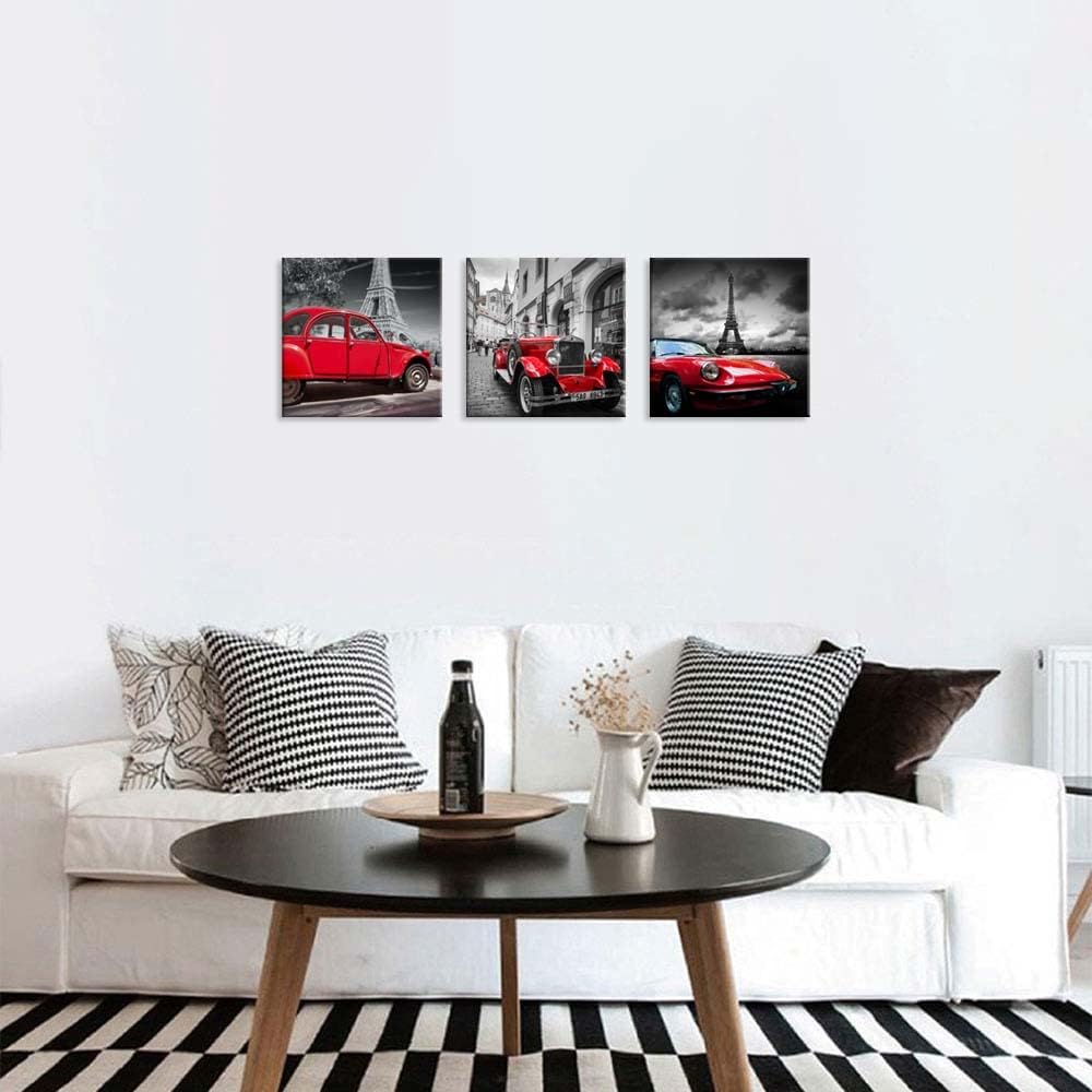 NAN Wind 3 Pcs Modern Giclee Canvas Prints Paris Black and White with Eiffel Tower Vintage Red Car Wall Art Landscape Wall Decor Paintings on Canvas Stretched and Framed Ready to Hang for Home Decor