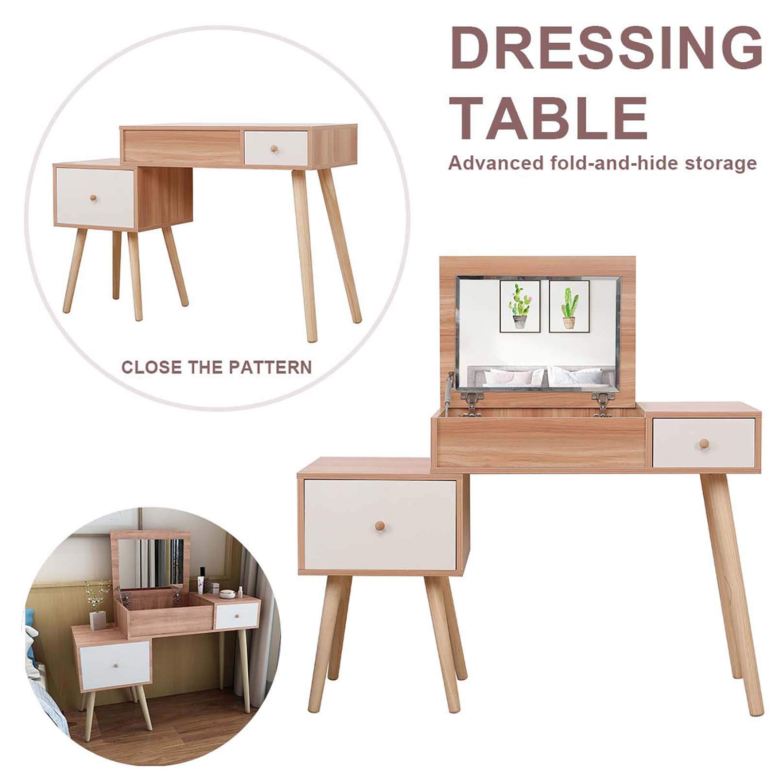 Vanimeu Oak Dressing Table with Mirror 2 Drawers Vanity Table Makeup