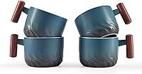 Vista 11 de Tazas de café de cerámica de 6 onzas con mango de madera, tazas de café pequeñas para capuchino con leche, juego de 4 tazas de té