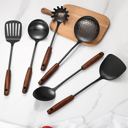 Miniatura 7 de Lazycorner Juego de utensilios de cocina de acero inoxidable con mango de madera 304