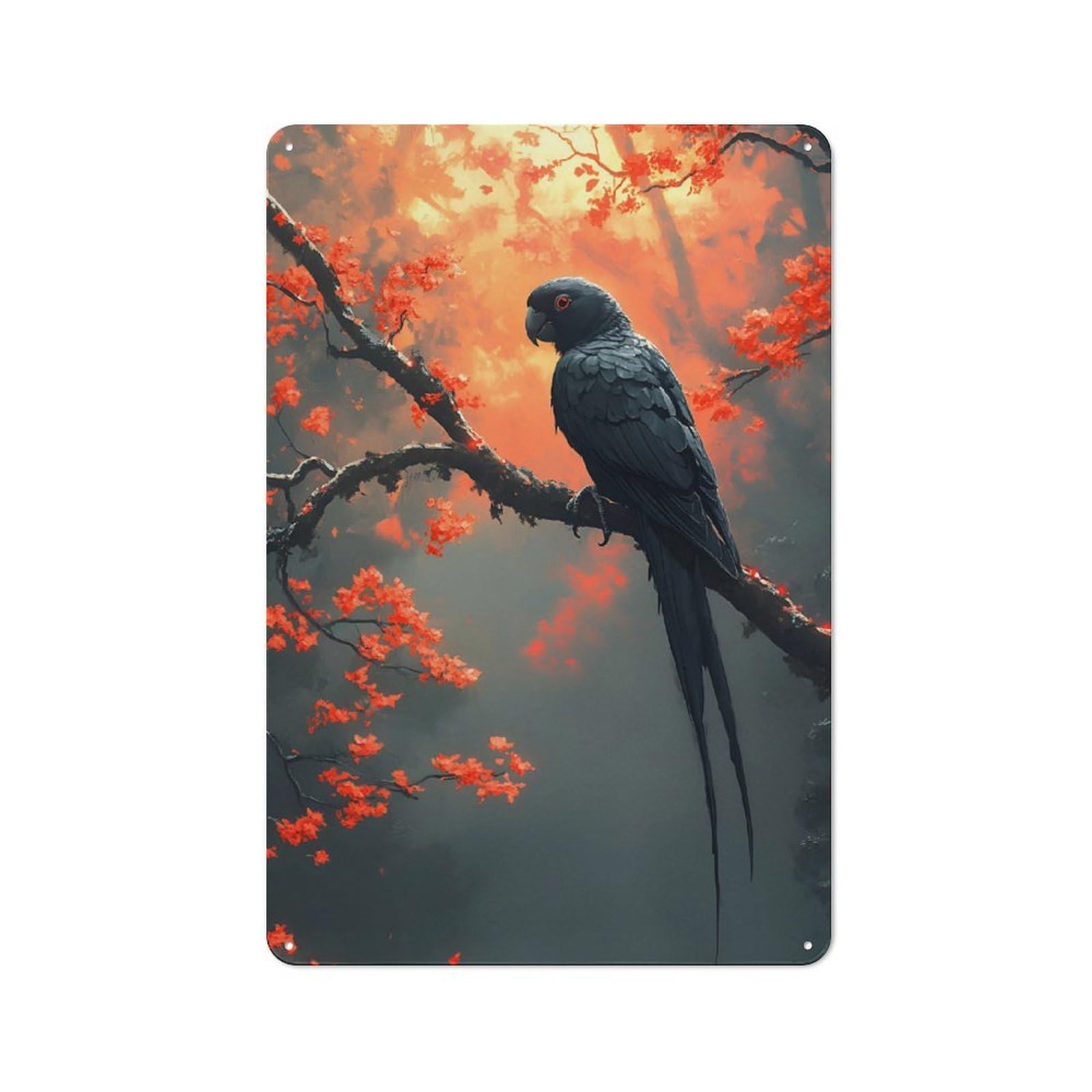 Black Parrot on Cherry Blossom Branch Clean Industrial Metal Wall Decor 30x20cm, Decorative Metal Plaque for Workspace, Cafe, Hallway Or Garage
