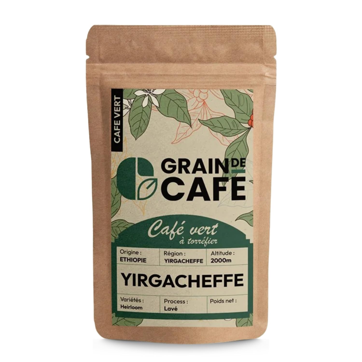 Graindecafé – Café Vert Éthiopie Moka Yirgacheffe 1kg | 100% Arabica Lavé Non Torréfié | Floral Et Fruité | Notes De Bergamote Et Jasmin | Idéal Machine À Grain Une Fois Torréfié
