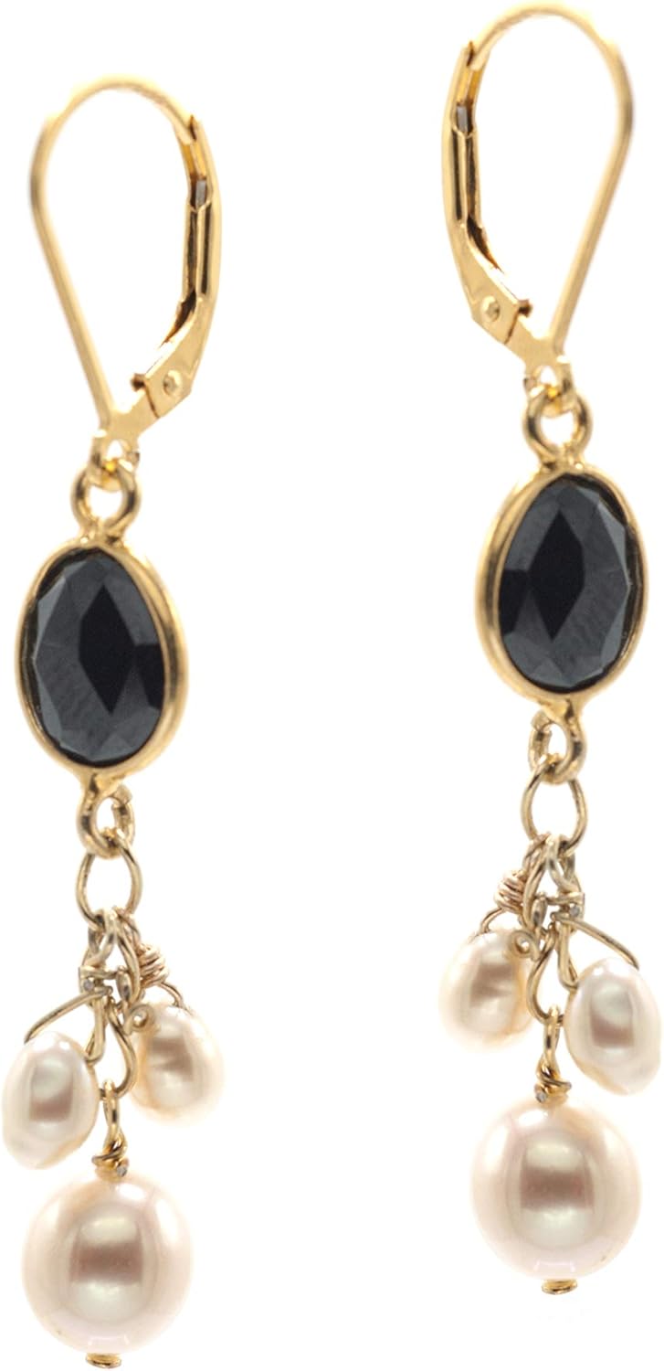 LTC Designs 14k Gold-Filled Leverback Earrings made with Black Spinel Bezel and (3.5-4mm) White Cultured Freshwater Potato Pearl Drops for Women, Men, and Friends